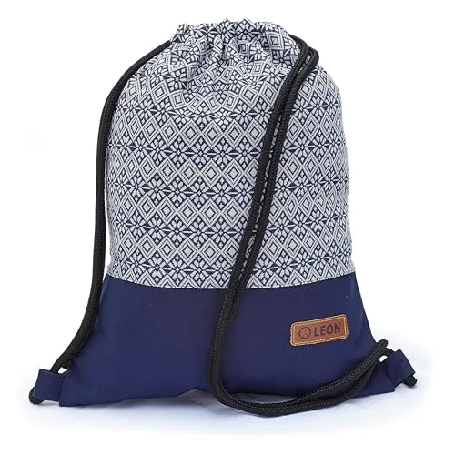 By Bers Leon großer Premium Turnbeutel - Boho 003Blau - Stylischer Turnbeutel aus 100% Baumwolle mit 3 Innentaschen, ideal für Sport, Reisen und Alltag. Hochwertige Verarbeitung und verstellbares Nylonseil für maximalen Komfort.
