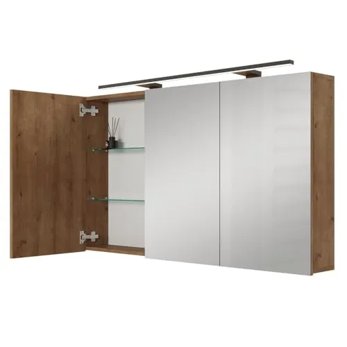 Spiegelschrank ARIA 120 cm gold eiche mit Leuchte und Steckdosenbox - Spiegelschränke mit wasserabweisender Melaminbeschichtung, Soft-Close-Türen und praktischer Beleuchtung für optimale Sicht beim Schminken und Rasieren.