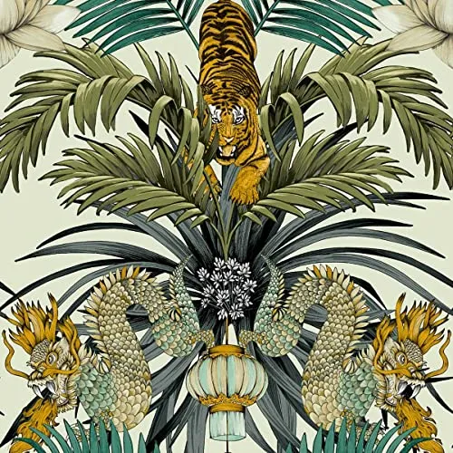 Belgravia Wilson Orientalisch Tiere Tapete Tiger Drachen Palme Blätter Creme