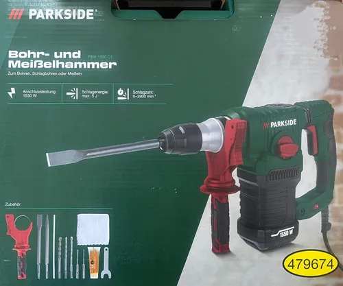 PARKSIDE® Bohr- und Meißelhammer PBH 1550 C1 - Bohrmaschine mit 1550 W Leistung und 5 Joule Schlagkraft, ideal für Beton, Stein und Holz. Mit Vibrationsdämpfung für hohen Komfort bei langen Einsätzen.