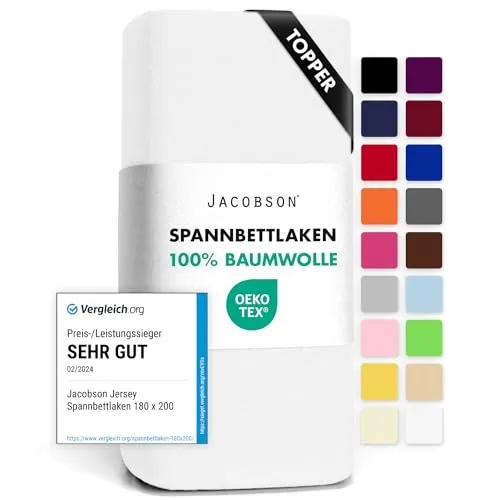 Jacobson Jersey Spannbettlaken Spannbetttuch Baumwolle Bettlaken (Topper 140-160x200 cm, Weiss)