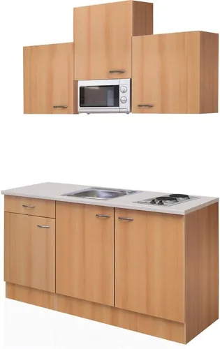 Küchenzeile FLEX-WELL "Nano", braun mit Mikrowelle und Kochfeld - Moderne Küchenzeile in Buche Nachbildung, inklusive Mikrowelle und Elektro-Kochfeld. Optimal für kleine Räume, mit durchgehender Arbeitsplatte und höhenverstellbaren Einlegeböden.