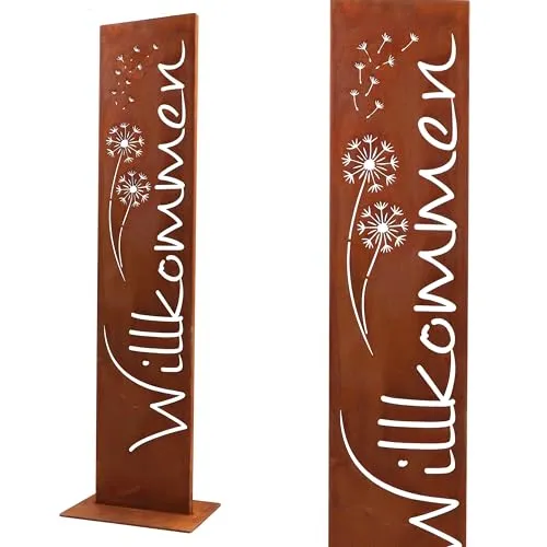 Rostikal Gartendeko für draußen - Wetterfestes Metall-Willkommensschild mit Pusteblume - 71 cm hohe Gartendeko aus Cortenstahl, ideal für Eingangsbereiche, Terrassen und Vorgärten. Langlebig in edelrost Optik, fügt sich harmonisch in moderne und rustikale Gärten ein.