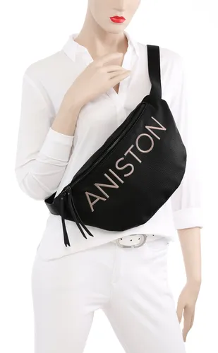Umhängetasche ANISTON BY BAUR, Damen, Gr. B/H/T: 43cm x 20cm x 9cm, grau (schwarz, hellgrau), Polyester, geprägtes Muster, bestickt, Taschen Gürteltasche, mit gesticktem Schriftzug