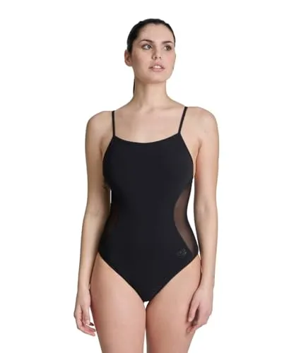 ARENA Damen-Badeanzug mit Mesh-Einsätzen, Schwarz, Größe 38 - Entdecken Sie den eleganten Badeanzug mit Mesh-Einsätzen für perfekten Komfort beim Schwimmen. Chlorbeständig, schnell trocknend und aus recyceltem Material – ideal für Fitness- und Freizeitschwimmer.