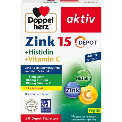 Doppelherz Zink 15 + Histidin + Vitamin C Tabletten - Zinkpräparate zur Unterstützung des Immunsystems, stärken Vitalität und Widerstandsfähigkeit gegen Stress und Umwelteinflüsse.