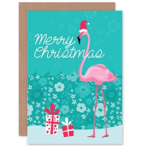 Wee Blue Coo Weihnachtsmütze Flamingo Vogel Mit Weihnachtsgeschenken Weihnachtskarte