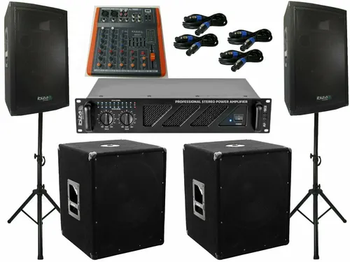 Aktives PA Set 52 DJ mit 3000W Leistung - DJ- & PA-Set mit 2x 25 cm Basslautsprechern und 38 cm Subwoofer, ideal für Veranstaltungen. Inklusive USB-Player und Stativen, sorgt für kraftvollen Sound und einfache Bedienung.