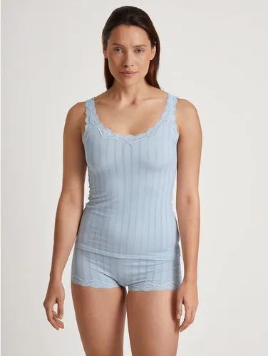 CALIDA Damen Etude Toujours T-Shirt - Arctic Ice, 32-34 EU - Unterhemden & BH-Hemden für Damen, hypoallergen und temperaturregulierend mit edler Nadelstreifen-Optik und zarter Spitze für einen romantischen Look.