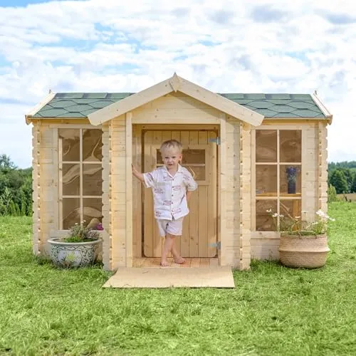 Timbela Kinderspielhaus aus Holz - Spielhaus für Kinder im Freien - Gerätehäuser: Hochwertiges Holzspielhaus mit Veranda, einfach zu montieren und ideal für unvergessliche Kindheitserinnerungen im Garten.