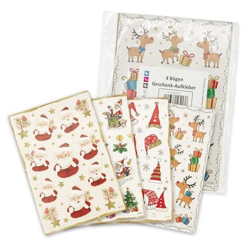 itenga Weihnachtssticker Freiform Farbig 4 Bögen verschiedene Größen und Formen Nikolaus Tannenbaum Rentier - Geschenkaufkleber Weihnachten Aufkleber Etikett Sticker
