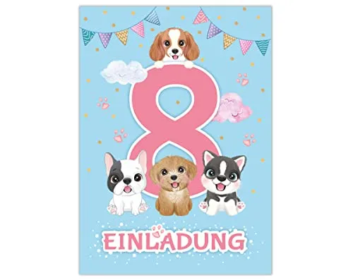 Junapack 12 Einladungskarten zum 8. Kindergeburtstag Einladung zum achten Geburtstag Mädchen Hunde