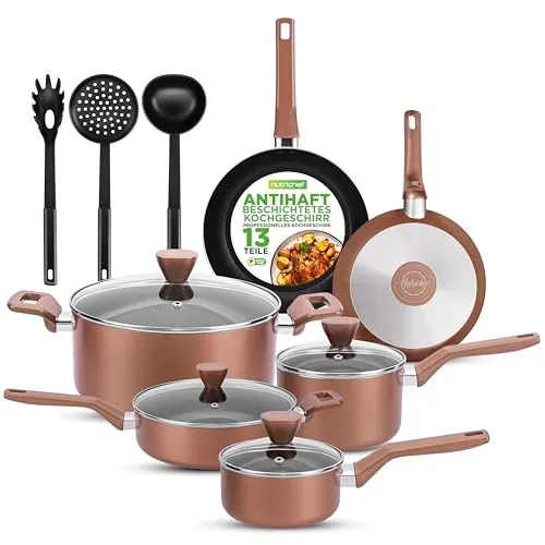 NutriChef Kochtopf Set 13-teilig – Antihaft Topfset für alle Kochfelder - Topf- & Pfannenset mit langlebiger Antihaftbeschichtung für gesundes Kochen und einfache Reinigung. Ergonomische Griffe und temperierte Glasdeckel bieten Komfort und Sicherheit.
