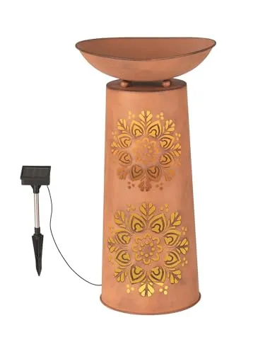 EASYmaxx LED-Dekosäule Rost-Optik Mandala rund - Dekorative LED-Dekosäule mit abnehmbarer Pflanzschale, ideal für kreative Blumenarrangements und stimmungsvolle Beleuchtung bei Tag und Nacht.