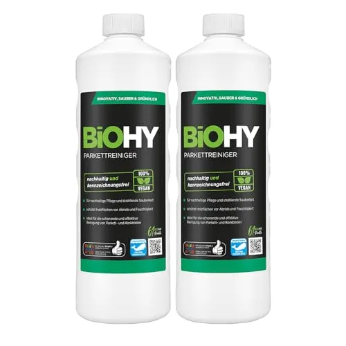 BiOHY Parkettreiniger (2 x 1 liter) | Konzentrat für versiegeltes & geöltes Parkett | materialschonend & schmutzlösend | für eine streifenfreie Reinigung | 2 in 1 Pflege & Reinigungsmittel