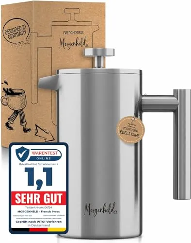 Morgenheld Premium Edelstahl French Press für 5 Tassen - Kaffeepresse aus hochwertigem Edelstahl, ideal für echte Kaffeeliebhaber mit Mengenskala und extrem robustem Design für langanhaltenden Genuss.