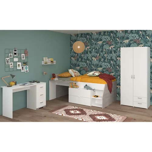 Jugendzimmer-Set PARISOT "Parisot Milky 13" - Kinderzimmermöbel mit viel Stauraum, inklusive halbhohem Hochbett, Kleiderschrank und Schreibtisch - ideal für kleine Räume und funktionales Wohnen.