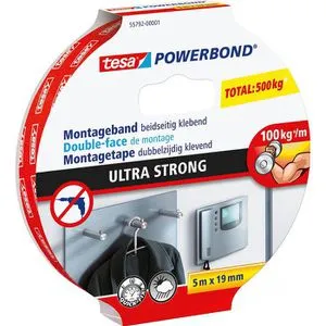 tesa Doppelklebeband POWERBOND Ultra Strong - Wetterfestes, extra stark klebendes Montageband für Holz, Glas & Metall, 5 m x 19 mm