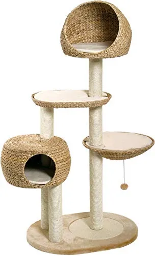 Karlie Kratzbaum Banana Leaf III – Beige, 158 cm hoch - Aktivitätskratzbaum mit geflochtenem Bananenblatt, bietet Kissen für Liegekomfort und Sisalstämme für die Krallenpflege. Ideal zum Klettern und Spielen!