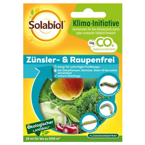 Solabiol Zünsler- und Raupenfrei 15 ml - Biologisches Pflanzenschutzmittel - Biologisches Pflanzenschutzmittel zur Unterstützung der Pflege von Zierpflanzen, Obst und Gemüse. Hochwirksam gegen Raupen und Zünsler, einfach in der Anwendung und für bis zu 500m² geeignet.