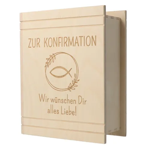 Spruchreif Spardose in Bibel Buch-Optik - Sparbüchse aus Holz mit graviertem Fisch-Motiv, sicher mit Schloss für Konfirmation und Kommunion - ein persönliches Geschenk, Made in Germany.