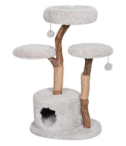 Dehner Premium Lovely Natur-Kratzbaum - ca. B60 H100-110 T45 cm, echtes Hartholz und kuschelige Liegeflächen für entspannte Katzenmomente