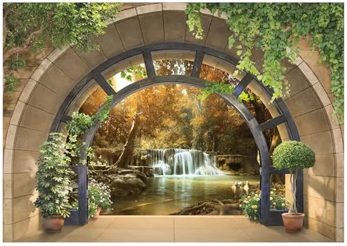 Fototapete Wasserfall 3D Effekt Fenster Natur Wald 200x140 cm - Tapeten mit beeindruckendem 3D-Effekt, inklusive Kleister für einfache Montage und umweltfreundlich – ideal für Schlafzimmer, Wohnzimmer und Flur.