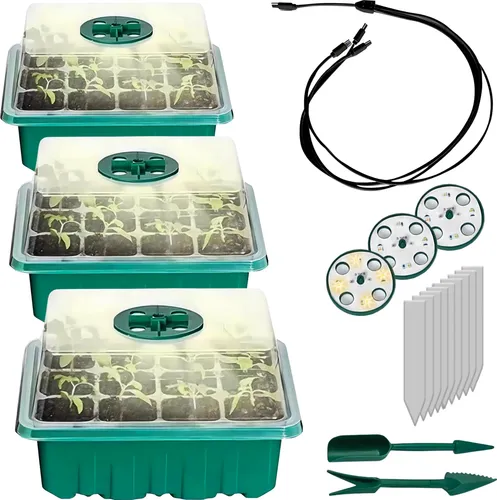Mini Gewächshaus Set mit LED Beleuchtung - 3er Set für die Fensterbank - Praktisches 3er Set Anzuchtkästen mit integrierter LED-Beleuchtung und einstellbarer Belüftung. Ideal für die Indoor-Pflanzenanzucht mit nützlichem Zubehör und kompakten Abmessungen.