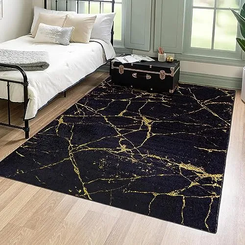Mazovia Modern Teppich - Waschbar 80 x 200 cm - Schwarz Gold mit Marmor Muster - Waschmaschinengeeignet und pflegeleicht, ideal für Wohnzimmer und Flur. Mit rutschfester Unterseite für sicheren Halt auf allen Böden.