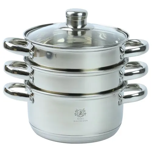 KARL HAUSMANN Dampfgarer Topf 2.4L - Edelstahl Induktion - Dampfgarer für gesundes Kochen, mit 2 Dampfeinsätzen und hitzebeständigem Glasdeckel für effizientes Zubereiten von Gemüse und Fisch.