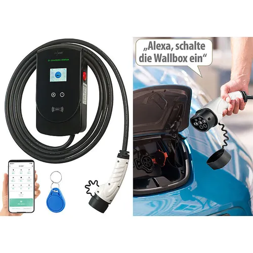 revolt TUYA Wallbox: 11 kW WLAN-Wallbox für E-Autos mit 5 m Ladekabel - Ladestationen für Elektrofahrzeuge mit Typ-2-Stecker, einfach über die ELESION-App steuerbar und mit RFID-Zugangsschutz ausgestattet. Wetterfestes Gehäuse, ideal für Zuhause oder unterwegs.
