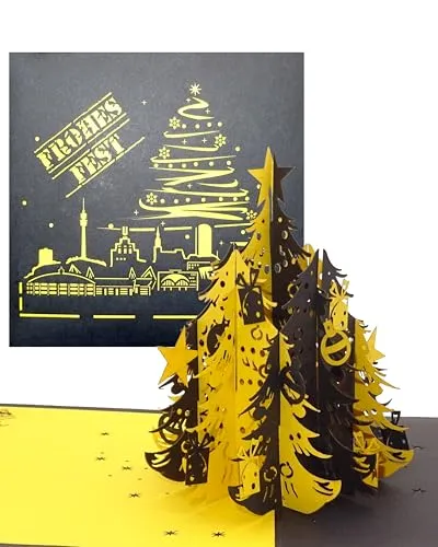 Cologne Cards 3D Weihnachtskarte „Dortmund Skyline - Weihnachten in Schwarz Gelb“ Weihnachtskarte mit Tannenbaum – für Dortmund-Fans