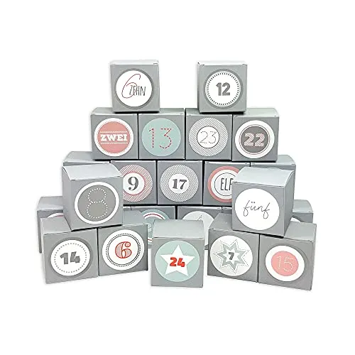 Frau WUNDERVoll® DIY Adventskalender Vorfreude zum Befüllen, 24 Faltschachteln grau 7(L) x7(B) x7(H) cm (gefaltet), XL Ziffern pastell/Weihnachten, Aufkleber, Würfelbox, Faltverpackung, Schachteln