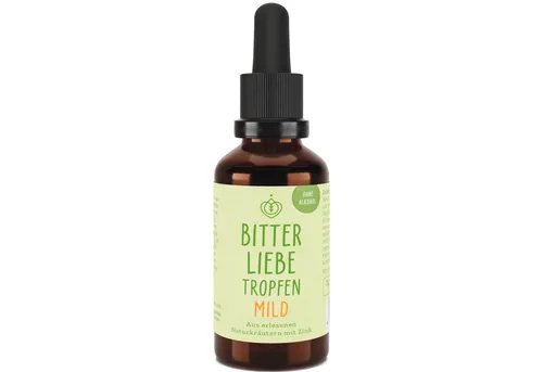 BitterLiebe® Bittertropfen ohne Alkohol 50ml - Hochdosierte Bitterstoffe nach Hildegard von Bingen - Pflanzliche Ergänzungsmittel mit hochdosierten Bitterstoffen ohne Alkohol, ideal zur Unterstützung des Wohlbefindens und perfekt nach dem Essen. Vegan und Made in Germany.