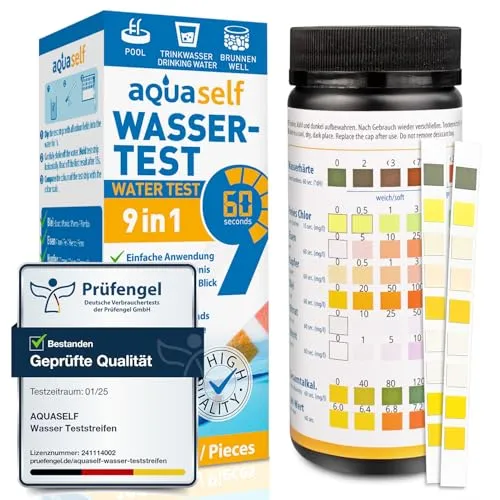 9-in-1 Wassertest – 100 Stück Trinkwasser Teststreifen - Wassertester für Pools: Überprüfen Sie schnell und zuverlässig die Wasserqualität auf 9 Stoffe. Ergebnisse in nur 60 Sekunden dank präziser Farbabstimmung. Praktische Dose für sichere Aufbewahrung inklusive Farbskala.
