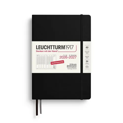 Akademischer Wochenplaner Medium A5 18 Monate Schwarz 2027 - Praktischer akademischer Wochenplaner (A5) für 18 Monate. Ideal für die Organisation von Studium und Freizeit. Stilvolles Design in Schwarz.