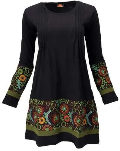 GURU SHOP Baumwoll Minikleid Boho Chic - Schwarz/Grün, Damen - Freizeitkleid im Boho-Stil mit einzigartiger Stickerei, ideal für lässige Freizeitlooks und angenehm zu tragen aus 100% Baumwolle.