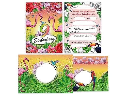 Limonia 12 Einladungskarten incl. 12 Umschläge zum 9. Geburtstag Einladung Kindergeburtstag Mädchen Karten Flamingo Kolibri Papagei Tropen Palmen