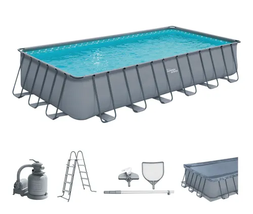 Summer Waves Frame Pool Komplettset | Rechteckig 732x366x132 cm Grau | Aufstellpool Set | Gartenpool & Schwimmbecken inkl. Sandfilterpumpe, Einstiegsleiter, Abdeckplane, Bodenvlies & Reinigungsset