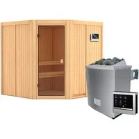 Karibu Sauna Kotka mit 9 kW Ofen und Glastür - Genießen Sie die wohltuende Wärme der Karibu Sauna Kotka. Mit 9 kW Saunaofen, externer Steuerung und hochwertigem Espenholz für hohen Komfort. Ideal für Zuhause!
