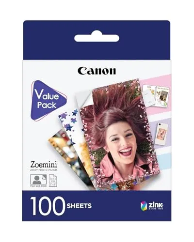 Canon Zink™ Fotopapier – Selbstklebendes 5 x 7,6 cm Fotopapier - Druckerpapiere: 100 Blatt wischfestes, wasser- und reißfestes Stickerpapier für personalisierte Handy-Fotos – ideal für kreative Andenken und Dekorationen.