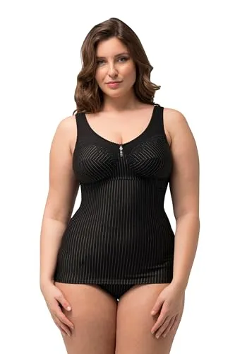 Ulla Popken Damen Plus Size Shaping-Hemd mit Nadelstreifen - Elegantes Shaping-Hemd in Schwarz, ideal für große Größen. Mit funkelndem Anhänger und dekorativen Kanten für eine schmeichelhafte Silhouette.