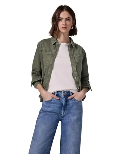 Street One Studio Damen F212566 Jeans, Olive Washed, 44 - Damen-Hosen aus leichtem Denim mit Hemdkragen und Brusttaschen, aus 100% Baumwolle für perfekten Tragekomfort.
