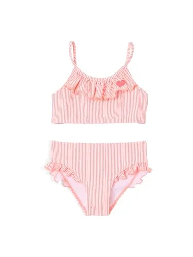 Vertbaudet Mädchen Bikini mit Rüschen in Koralle 98/104 - Bequemer Bikini mit Rüschen, ideal für den Strand. Oberteil mit schmalen Trägern, Slip mit Dehnbund für optimalen Sitz. Perfekt für kleine Wasserratten!
