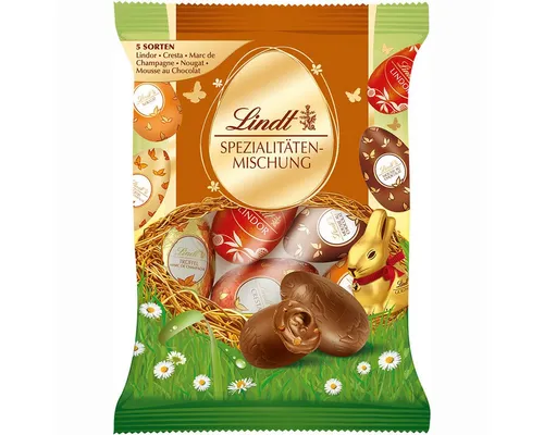 Lindt Spezialitäten Eier - gefüllte Ostereier 90g - Genießen Sie die Lindt Spezialitäten Eier mit feiner Vollmilch- und weißer Schokolade, gefüllt mit erlesener Trüffel-Creme. Ideal für Ostern, um Ihren Liebsten eine süße Freude zu bereiten!