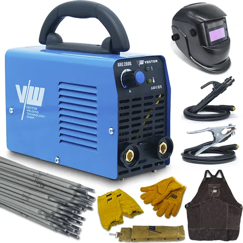 VECTOR WELDING ARC 200G Elektroden Schweißgerät SET - Elektrodenschweißgerät mit 200A, Hotstart und ArcForce für präzises Schweißen. Ideal für Außeneinsätze, inkl. Schweißerhelm und Handschuhe im Komplettset.