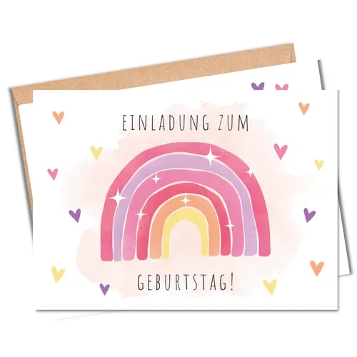 MeinBaby123® Einladungskarten Kindergeburtstag inkl. 10 Umschläge, Kindergeburtstag Jungs und Mädchen, Geburtstagseinladungen Kinder, Regenbogen rosa V1