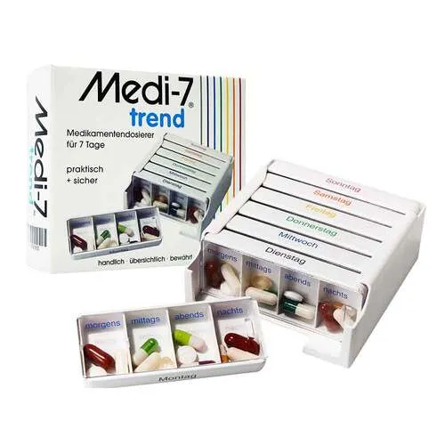 MEDI 7 Medikamentendosierer trend – Praktische Pillenorganisation - Der MEDI 7 Medikamentendosierer trend bietet eine einfache und übersichtliche Möglichkeit, Medikamente zu organisieren. Ideal für den täglichen Einsatz und zur Unterstützung der Pflege.