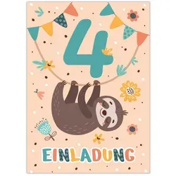 JUNAPACK Einladungskarten Faultier Einladungen zum 4. Geburtstag Karten für Kinder Tiere, Einladungskarten zum 4. Geburtstag mit Faultier Motiv