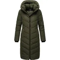Navahoo Damen Wintermantel Sahnekatzii XIV Dark Olive, Gr. XS - Funktionsjacke mit modischer V-Steppung, abnehmbarer Kapuze und versteckten Reißverschlusstaschen – ideal für kalte Tage!